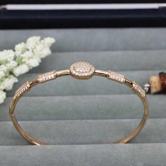 Rose Gold Bangle with Oval CZ Center and Textured Segments, XPBL0597 - Picture 3 of 12